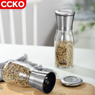 CCKO kitchen glass pepper salt mills manual salt and pepper mill set, manual glass stainless steel salt and pepper grinder set