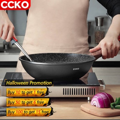 CCKO 24cm/28cm/30cm marble coating frypan nonstick maifan stone cooking pan, non-stick frying pan with lid, non stick fry pan