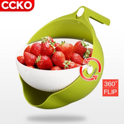 CCKO new arrival kitchen plastic 360 degree rolling colander and bowl with handle for washing fruit and vegetable